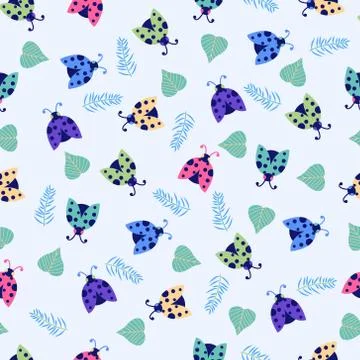 Cute Ladybugs with leaves seamless pattern background. Stock Illustration