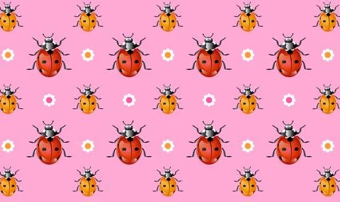 Cute ladybugs pattern with flowers Stock Illustration