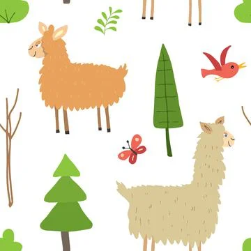 Cute Lama Seamless pattern. Cartoon Animals in forest background. Vector illu Illustrazione stock