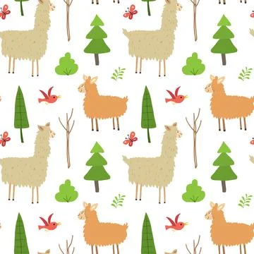 Cute Lama Seamless pattern. Cartoon Animals in forest background. Vector illu 스톡 일러스트