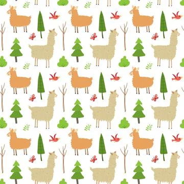 Cute Lama Seamless pattern. Cartoon Animals in forest background. Vector illu Illustrazione stock