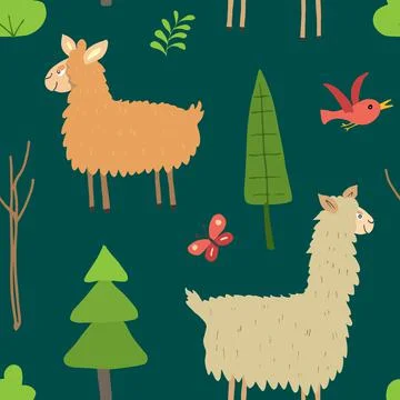 Cute Lama Seamless pattern. Cartoon Animals in forest background. Vector illu Illustrazione stock