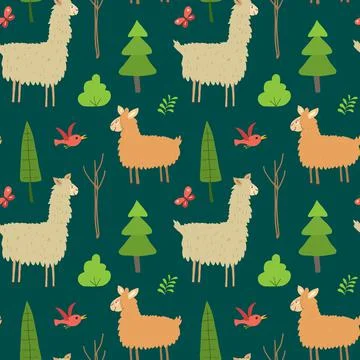 Cute Lama Seamless pattern. Cartoon Animals in forest background. Vector illu Illustrazione stock