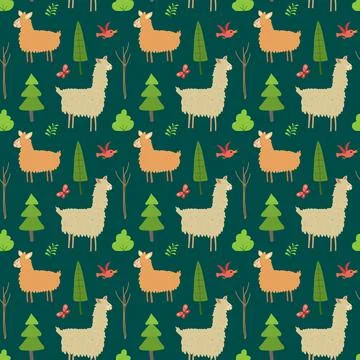 Cute Lama Seamless pattern. Cartoon Animals in forest background. Vector illu 스톡 일러스트