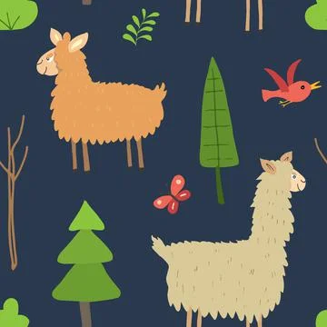 Cute Lama Seamless pattern. Cartoon Animals in forest background. Vector illu Stock Illustration