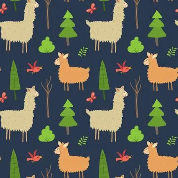 Cute Lama Seamless pattern. Cartoon Animals in forest background. Vector illu Illustrazione stock
