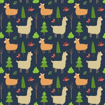 Cute Lama Seamless pattern. Cartoon Animals in forest background. Vector illu Illustrazione stock