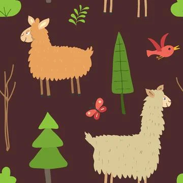 Cute Lama Seamless pattern. Cartoon Animals in forest background. Vector illu Illustrazione stock