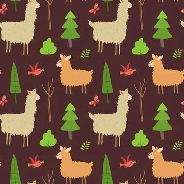 Cute Lama Seamless pattern. Cartoon Animals in forest background. Vector illu Illustrazione stock