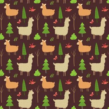 Cute Lama Seamless pattern. Cartoon Animals in forest background. Vector illu Illustrazione stock