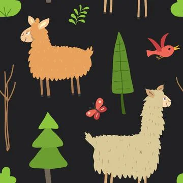 Cute Lama Seamless pattern. Cartoon Animals in forest background. Vector illu Illustrazione stock