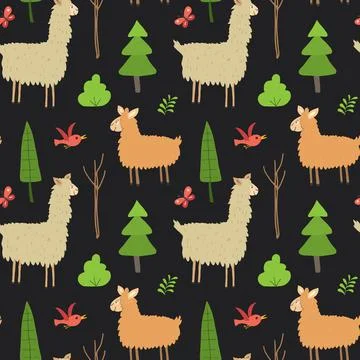 Cute Lama Seamless pattern. Cartoon Animals in forest background. Vector illu Illustrazione stock