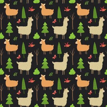 Cute Lama Seamless pattern. Cartoon Animals in forest background. Vector illu 스톡 일러스트