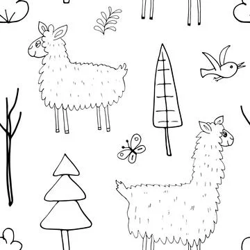 Cute Lama Seamless pattern. Cartoon Animals in forest background. Vector illu Illustrazione stock