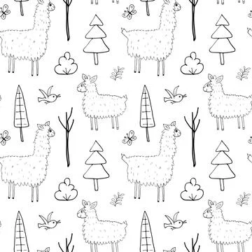 Cute Lama Seamless pattern. Cartoon Animals in forest background. Vector illu 스톡 일러스트