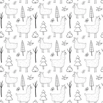 Cute Lama Seamless pattern. Cartoon Animals in forest background. Vector illu Illustrazione stock