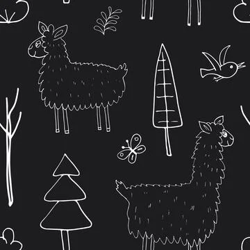 Cute Lama Seamless pattern. Cartoon Animals in forest background. Vector illu Illustrazione stock