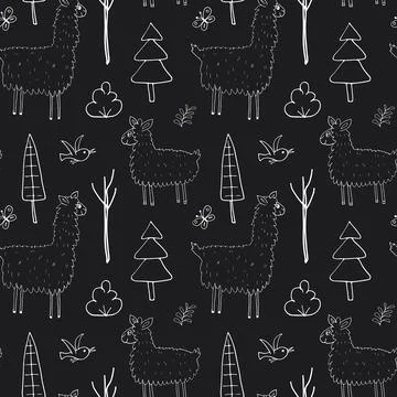 Cute Lama Seamless pattern. Cartoon Animals in forest background. Vector illu 스톡 일러스트