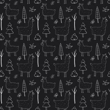 Cute Lama Seamless pattern. Cartoon Animals in forest background. Vector illu 스톡 일러스트