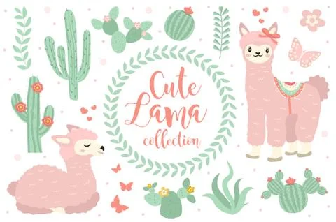 Cute lama set objects. Collection design elements with llama, cactus, lovely Stock Illustration