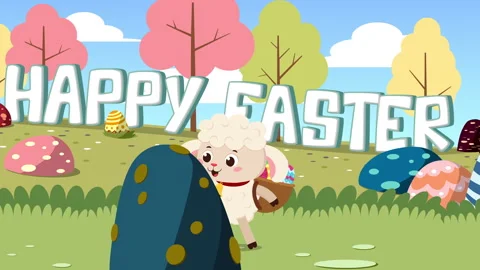 Cute Lamb Cartoon Character Walking And Holding Easter Egg With Basket 스톡 동영상 329213316