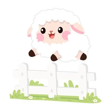 Cute Lamb Jumping Over White Fence In Green Farm Meadow Stock Illustration