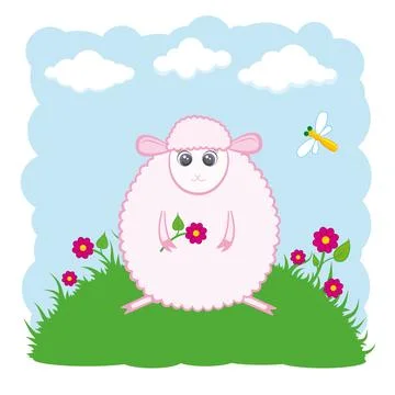 Cute lamb on a meadow with a flower. Stock Illustration