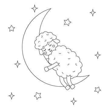 A cute lamb is sleeping on the moon. Stock Illustration