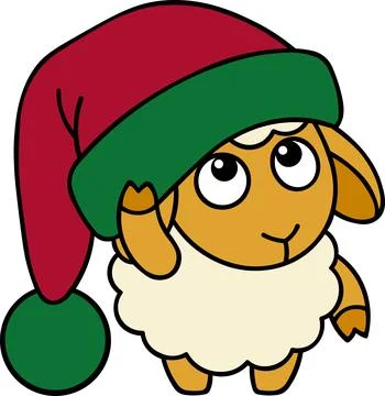 Cute lamb wearing oversized red Santa hat icon Stock Illustration