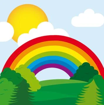 Cute landscape with trees and rainbow. vector Illustrazione stock