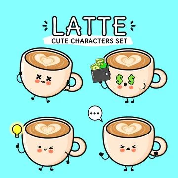 Cute latte coffee cup characters expressing emotions Illustrazione stock