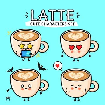 Cute latte cup characters with funny expressions set Stock Illustration
