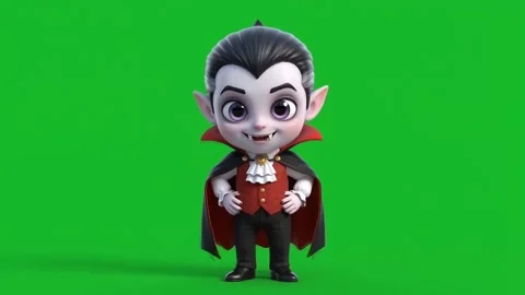 Cute Laughing Vampire 3D Cartoon Halloween Character on Green Screen Background Stock Footage 346470593