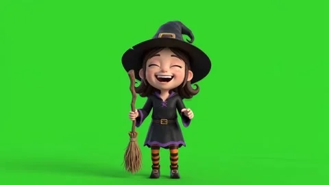 Cute Laughing Witch 3D Cartoon Halloween Character on Green Screen Background Stock Footage 346470576