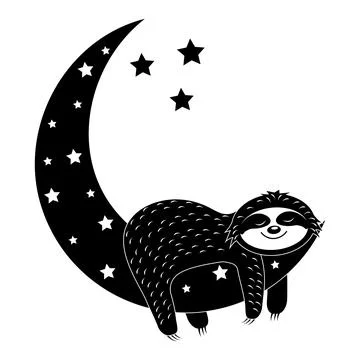 Cute lazy character sleeping on the Moon, black stencil, isolated illustratio Stock Illustration