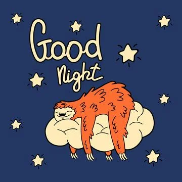 Cute lazy sloth sleeping on a cloud among the night sky and stars. Good Night Stock Illustration