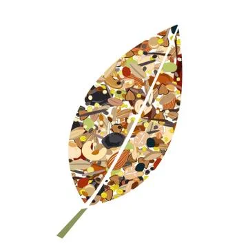 Cute leaf shape logo from nuts, dried fuits, grains and cereals. Unusual desi Illustrazione stock