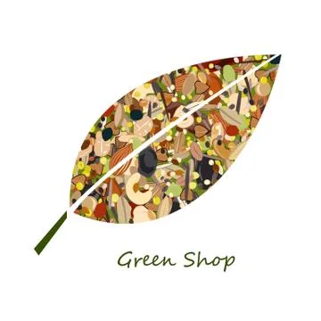 Cute leaf shape logo from nuts, dried fuits, grains and cereals. Unusual desi Illustrazione stock