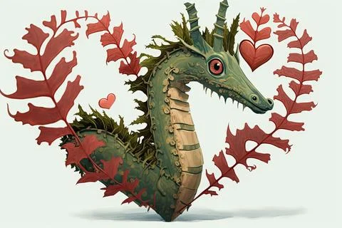 Cute  Leafy Seadragon, isolated on a background with red hearts Stock Illustration