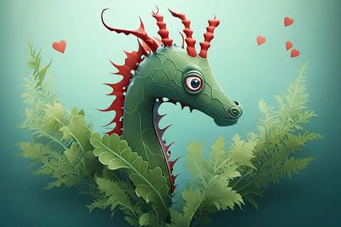 Cute  Leafy Seadragon, isolated on a background with red hearts Stock Illustration