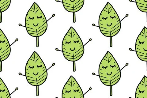 Cute leave seamless pattern. Cartoon green garden leaf, fall leaf and fallen  Stock Illustration