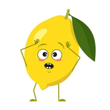 Cute lemon characters with emotions in a panic grabs his head, face, arms and Stock Illustration
