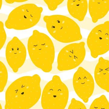 Cute lemon faces seamless pattern for children textile or wrapping paper, kawaii Stock Illustration