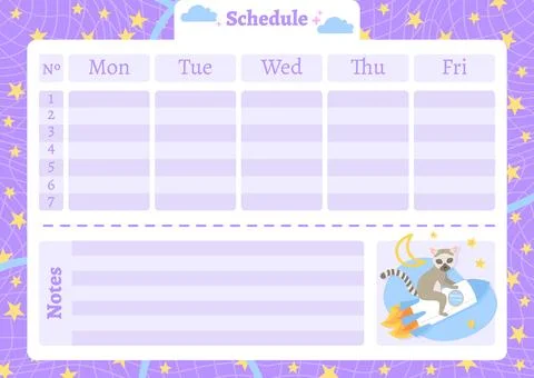 Cute Lemur Weekly Schedule Planner for Kids Cartoon Template Stock Illustration