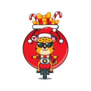 Cute leopard carrying bag of presents with motorcycle in Christmas day. Stock Illustration