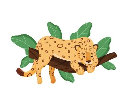 Cute Leopard Character Lying On Tree Branch Vector Illustration Stock Illustration