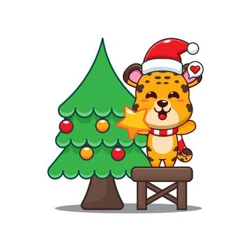 Cute leopard decorating the Christmas tree on Christmas day. Stock Illustration