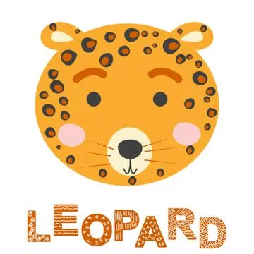Cute leopard face. Hand drawn jungle animal face in scandinavian style. For k Stock Illustration