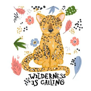 Cute leopard flat hand drawn illustration. Cheetah, jaguar character with let Stock Illustration