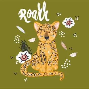 Cute leopard flat hand drawn illustration. Cheetah, jaguar character with let Stock Illustration